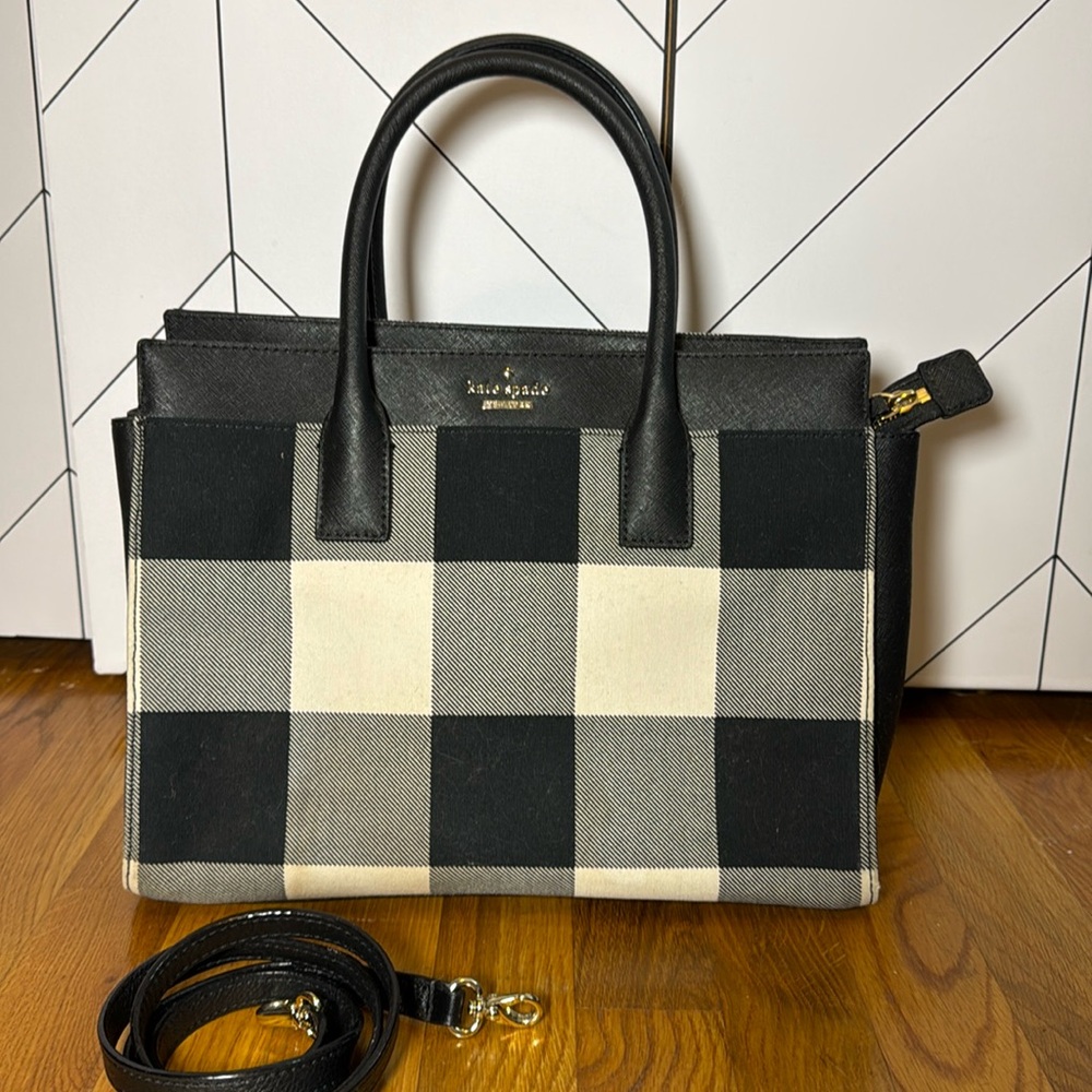 Kate Spade Cameron Street Candace Satchel Black White Plaid Fabric Leather